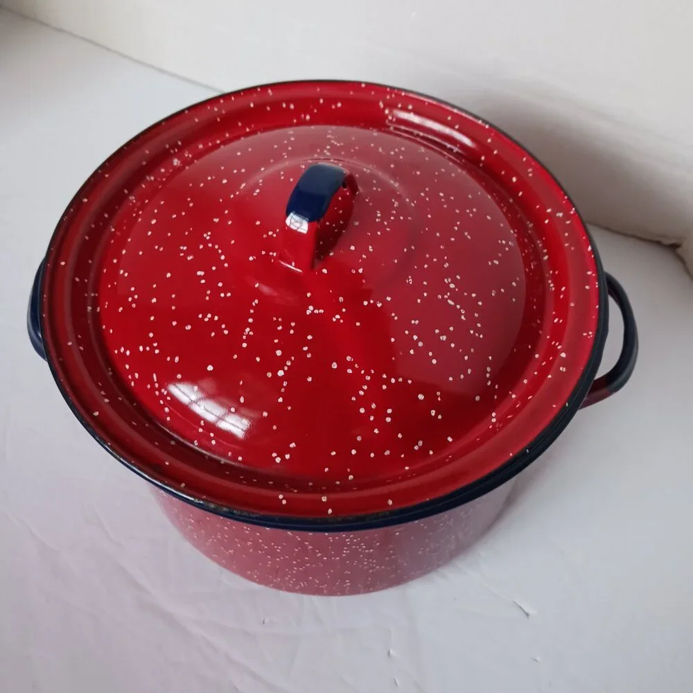 Vintage Red Blue Splatter Spackle Enamelware Cooking Pot